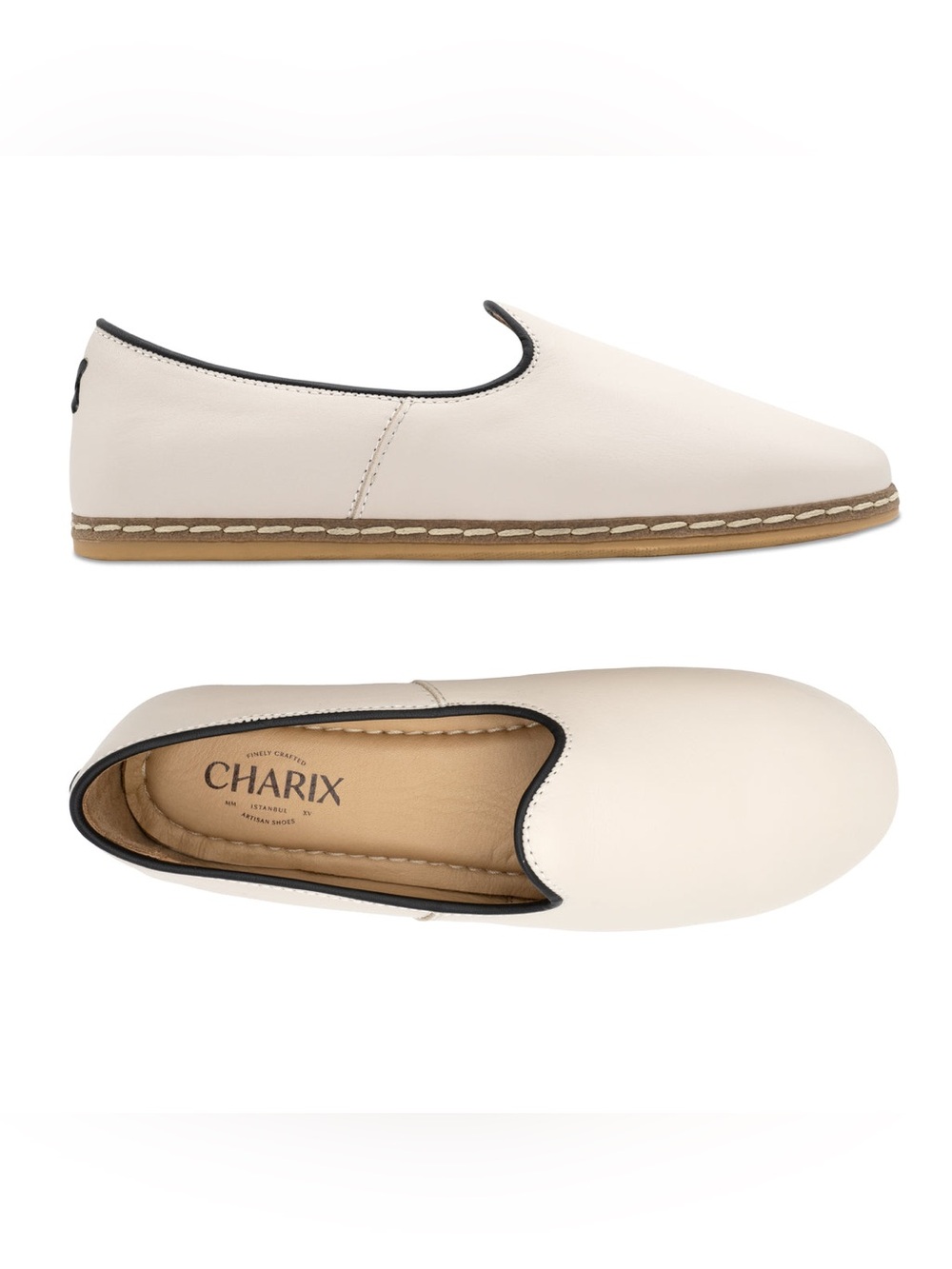 CHARIX Cream Handcrafted Leather Slip-On Flats with Black Trim Sz EU 38 / US 8